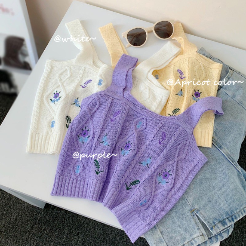 

Women's Knitted Camisole Top Sexy Sweet Floral Embroidery Pattern Summer Tank Top Fashion Wild Slim Sling Vest, Purple