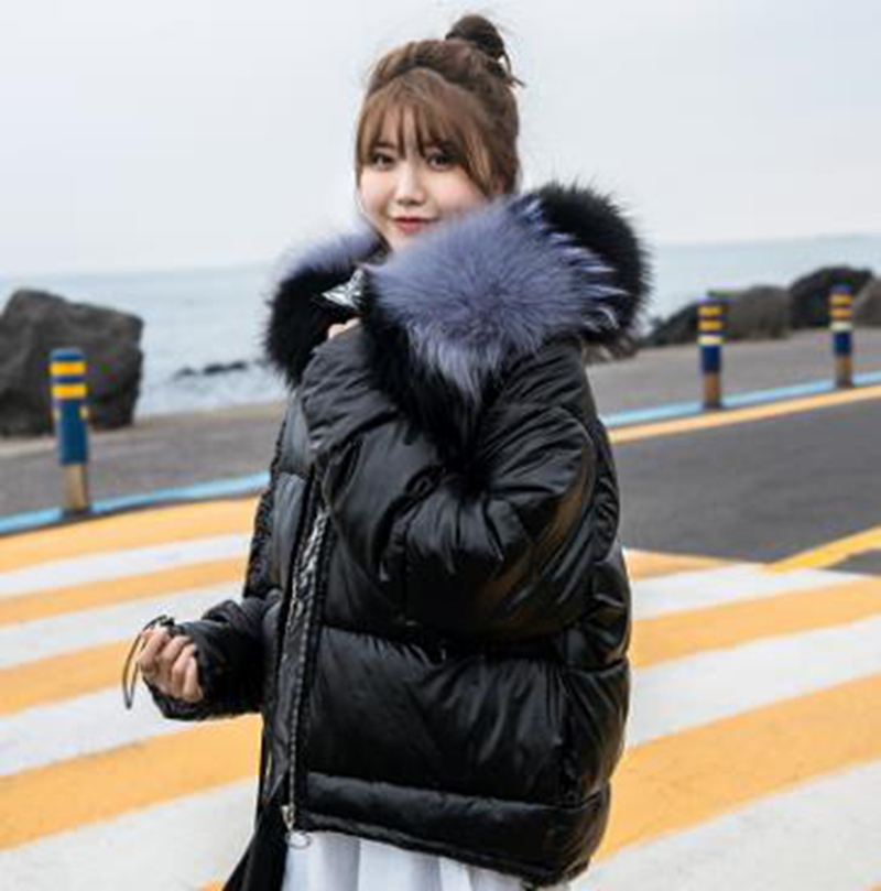 

Wholesale fashion shiny short women's loose large fur collar hooded student bf down cotton jacket, Silver