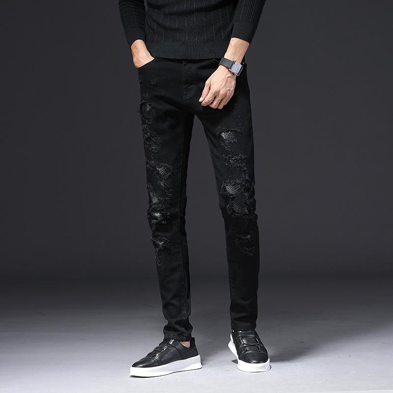 

New Men's Jeans Stretch Motorcycle Pants Hole Jeans Trend Men's Wrinkle Multi-pocket Trousers, Black