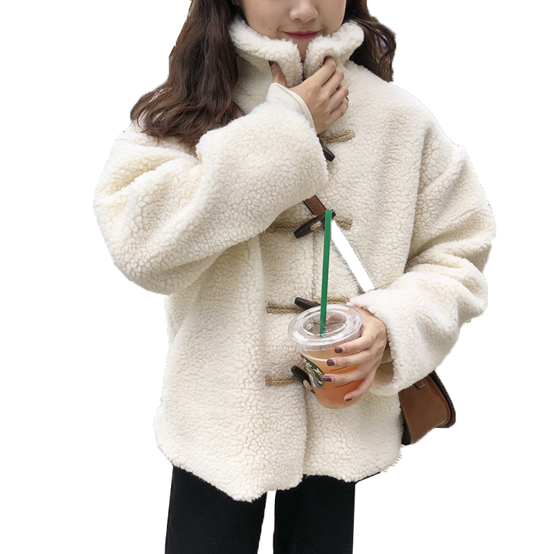 

Woman jackets Faux Fur Coat Women Autumn Winter Fluffy Teddy Jacket Coat Horn button Long Sleeve Outerwear cute female, White