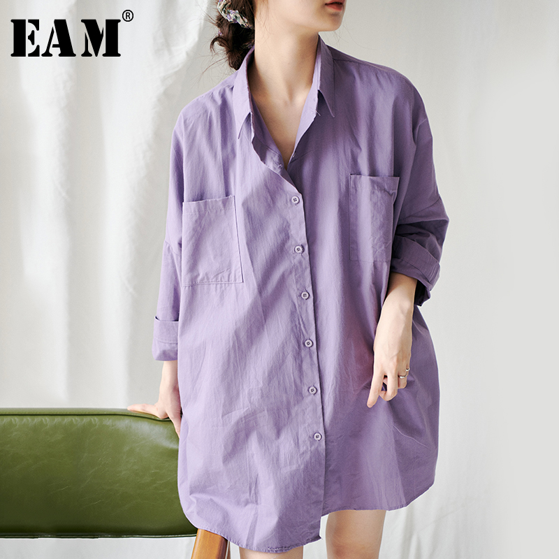 

EAM] Women Purple Big Pocket Big Size Blouse New Lapel Three-quarter Sleeve Loose Fit Shirt Fashion Spring Summer 2020 1W787