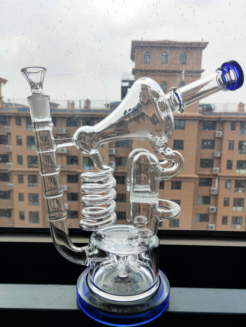 

Large Glass Water Bong Green Blue Smoking tobacco Hookah Ack-Ack shape Recycler Perc Bongs In Stock