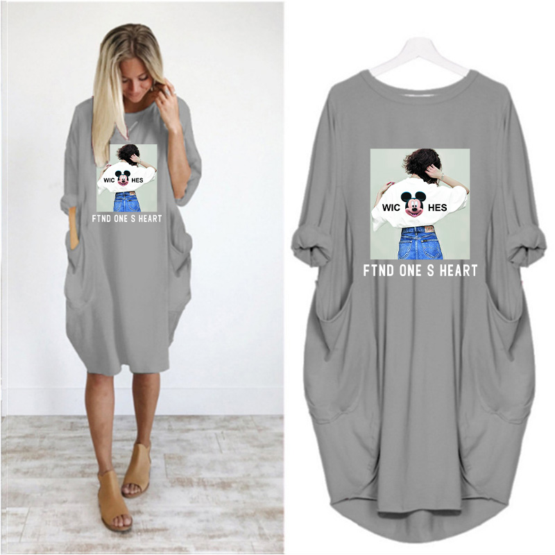 

2020 Women' dressfashion new trend cartoon letter printing pattern women' long large size T-shirt loose casual dress Size -5XL, Black