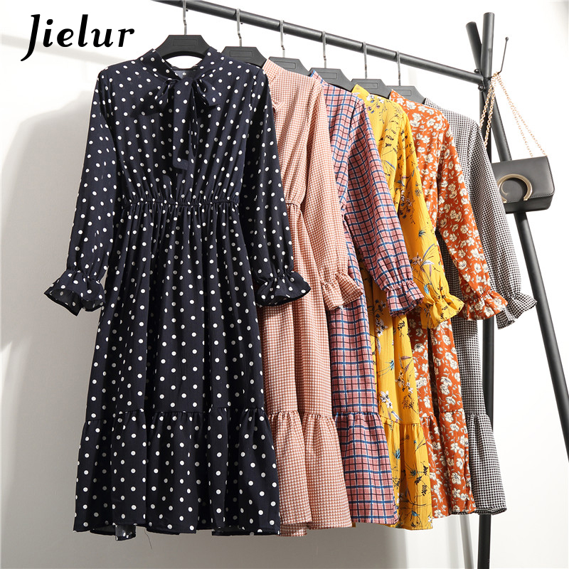 

Chiffon Print Dress Women Plaid Dot Floral Loose Vintage Midi Spring Long Sleeve High Waist Dresses Polka Ladies Vestidos
