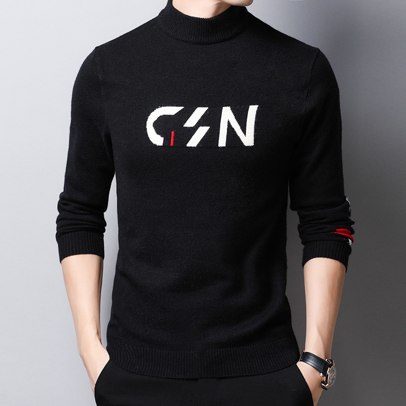 

Men' Wool Pullover Half Turtlework Long Sleeve Slim Fit Letter Autumn Winter Thick Knitted Cotton Casual Fashion Male Sweater, Black