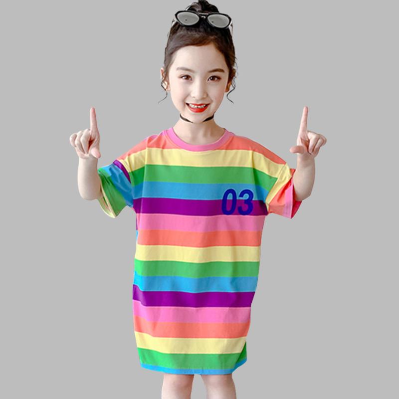 

Summer Dress Girl Rainbow Color Dress For Girl Casual Style Kids Letter Pattern Costume 6 8 10 12 14, As picture