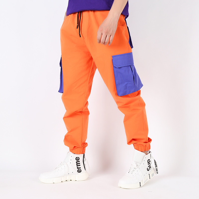 

2XL!!Fashion tide orange beautiful contrast color stitching casual pants cotton overalls three-dimensional pocket feet pants, Orange trousers