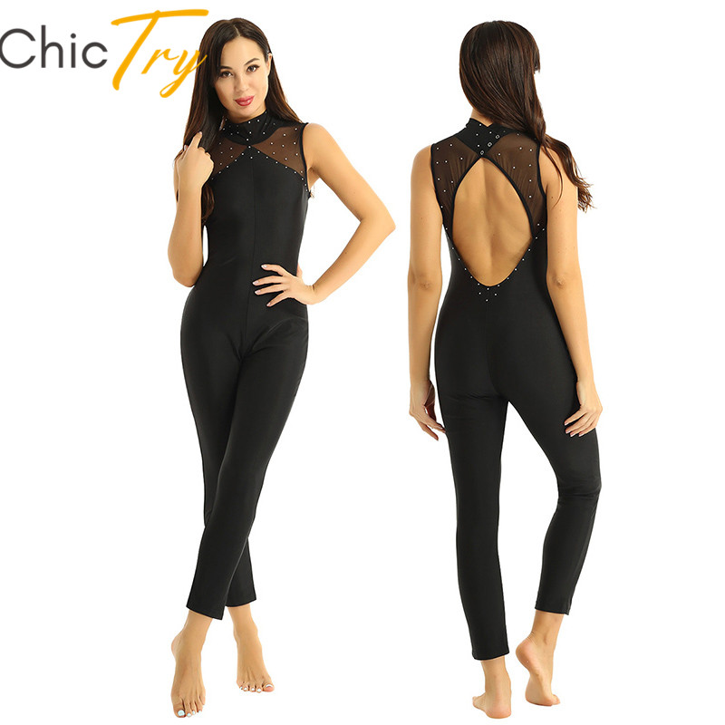

Adult Mock Neck Sleeveless Shiny Rhinestones Gymnastics Unitards Jumpsuit Ballet Leotard Women Figure Skating Wear Dance Costume, Black