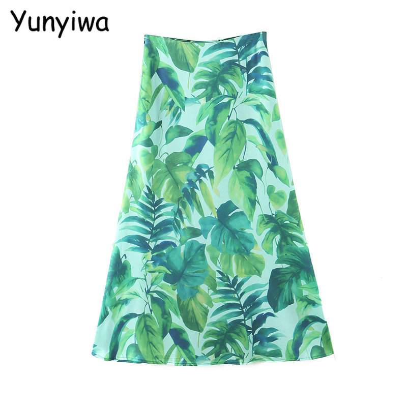 

women leaf print A-line skirt faldas mujer vintage side zipper female beach skirts SL251, Green
