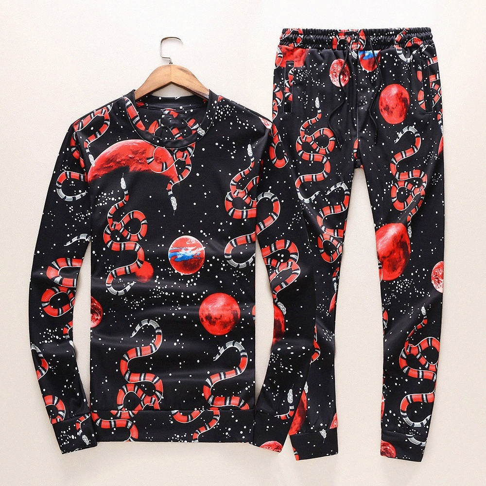 

Mens Snake Pattern Print Design Tracksuits Long Sleeve Crew Neck T-Shirts Long Pants Siuts 2 PCS Casual Slim Outfits Teenagers Sportsw Eaf8#, Black