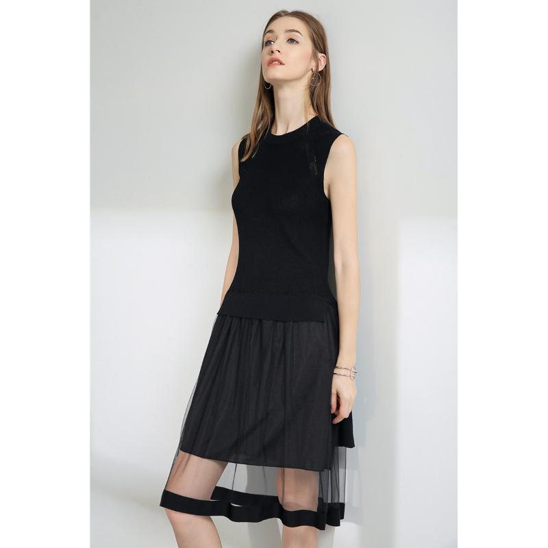 

Elegant Fashion Office Lady Summer Dress Sleeveless O-Neck Mesh Draped Knee-Length Black Casual Dresses Women, Black;gray