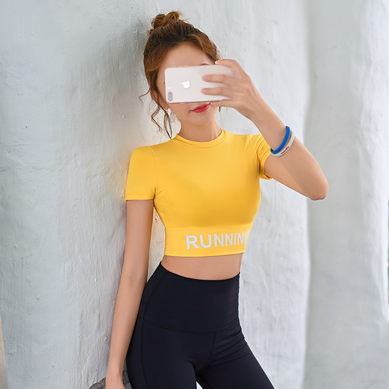 

Sports shirt female tight-fitting exposed navel sexy yoga clothes quick-drying running short-sleeved t-shirt net red fitness clo, Yellow
