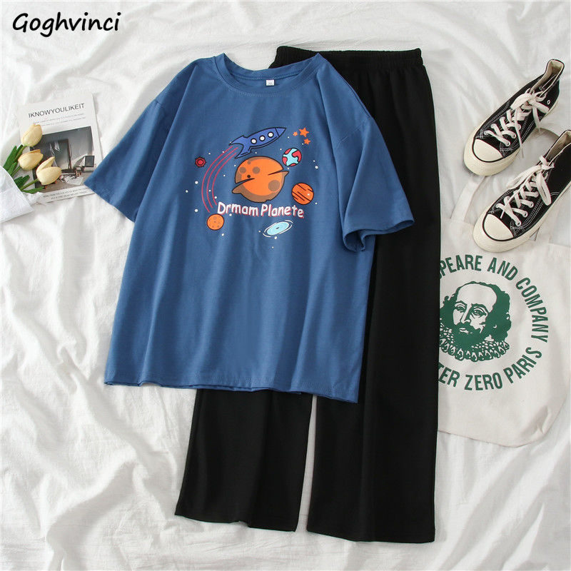 

Women Sets Summer Ins Leisure All-match Teens 2 Piece Sets Harajuku Print Chic Basic Femme Tees Top Elastic Waist Basic Trouser, Black bottom