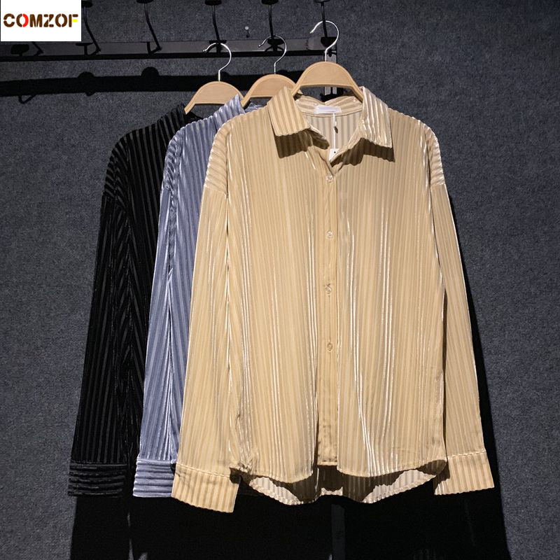

2020 Spring women velour shirt stripe long sleeve vintage blouse loose casual shirts womens clothes blusa feminina, Black