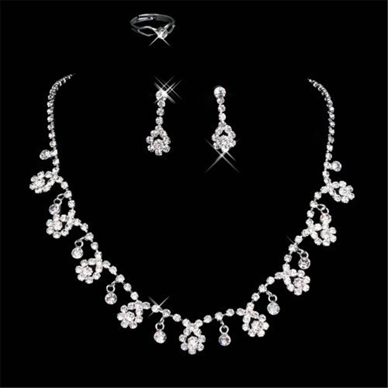

15018 Cheap Frere Ship Hot Sale Holy White Rhinestone Crystal Flower Earring Necklace Set Bridal Party