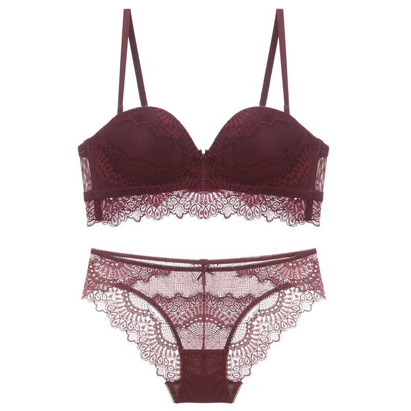 

2020 Lace 1/2 Cup Push-up Bra Wireless Seamless Bra and Panties Set Medium Padded Lacy Underwear Sets Women Lingerie White Black