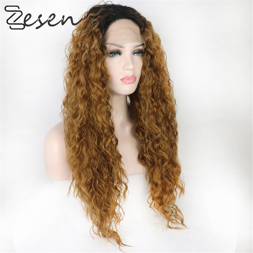 

Zesen Heat Resistant Fiber Hair Long Curly Wavy Synthetic Wig Ombre Blonde Color Synthetic Lace Front Wigs for Women Baby H