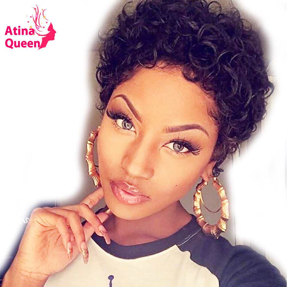 

Short Curly Lace Front Human Hair Wigs PrePlucked Brazilian Pixie Cut Bob Wig Remy Human Wig For Black Women Atina Queen, Medium brown