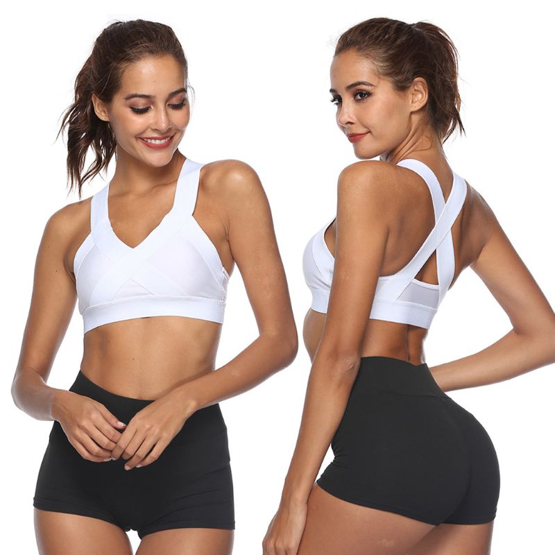 

Women Workout Sports Bra Sexy V-Neck Criss-Cross Back Yoga Bralette Quick Drying Shockproof Gym Fitness Tank Vest, Black