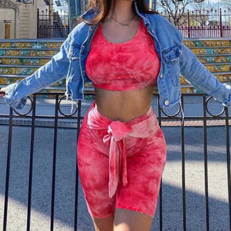 

2 Piece Tie Dye Set Women Tie-Dye Sexy Sling Sport Vest Tops Beachwear High Waist Fitness Shorts Set Suit Camisole, As pic