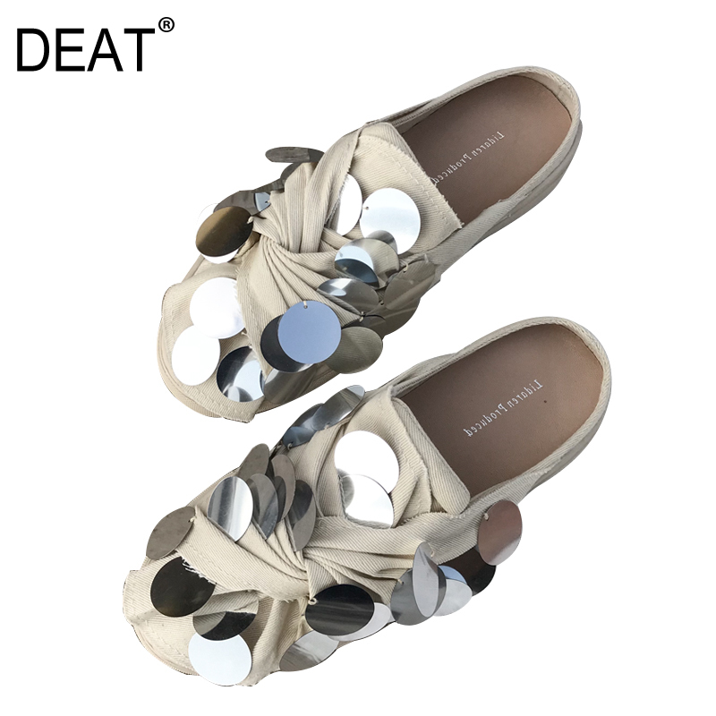 

DEAT] 2020 New Spring Summer Milky White Round Toe Bling Spliced Pleated Canvas Slippers Women Single Shoes Fashion Tide10SJ140