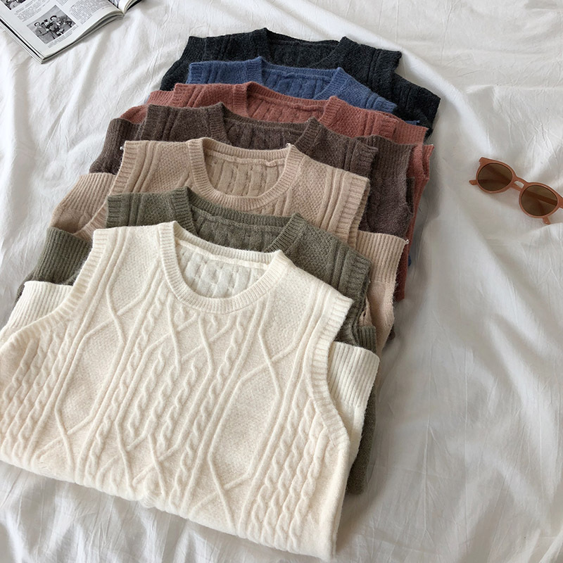 

Round neck twist striped sweater vest women fashion front short back long side split sleeveless knitted sweater vest female 2020, Blue