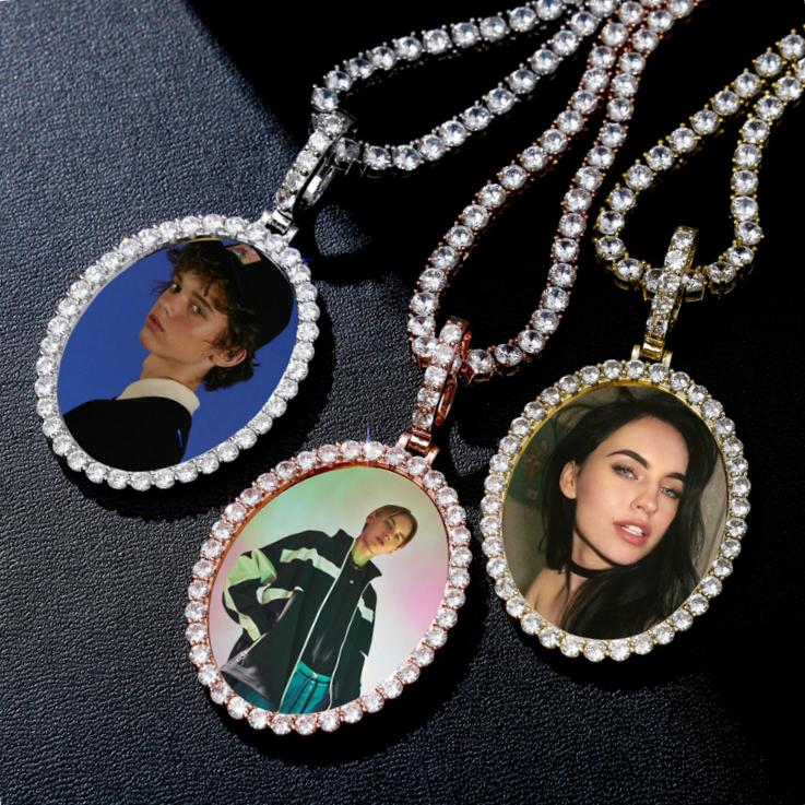 

Rose Gold Plated Iced Out Cubic Zirconia Oval Custom Photo Memorial Necklace Personalized Bling Diamond DIY Memory Jewelry Gifts for Lovers