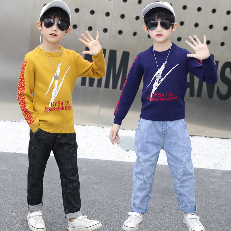 

2020 Spring autumn children's long sleeve Knit sweater shirt jeans 2pcs suit boys clothing suit baby cotton clothes kids sets, Sweater 1ps