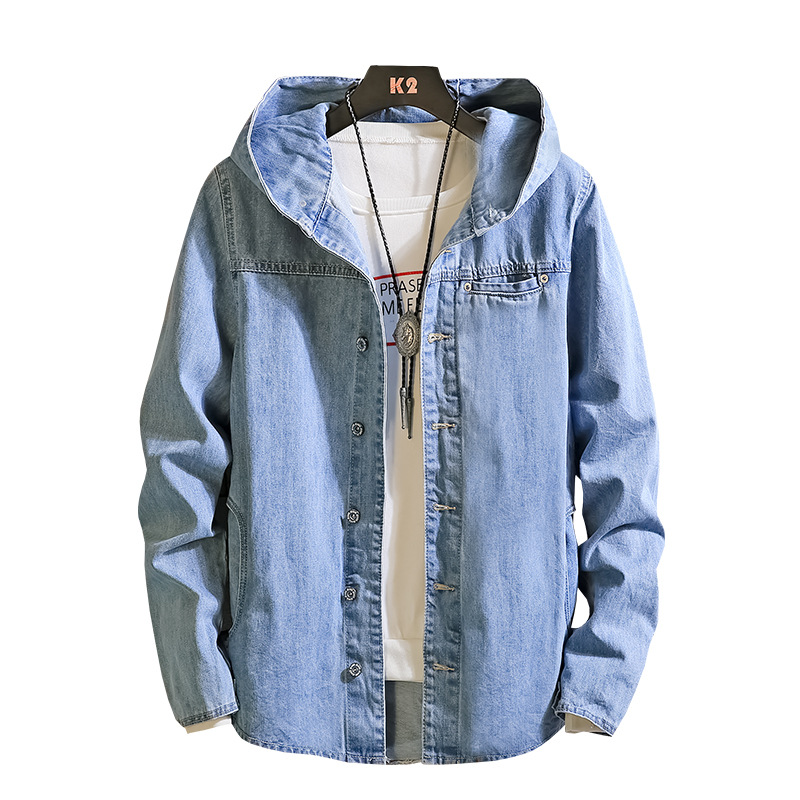 

New Autumn Men Casual Denim Jacket Mens Cotton Solid Color Hooded Jackets Coat Slim Fit Asian size Jacket Tops, Blue