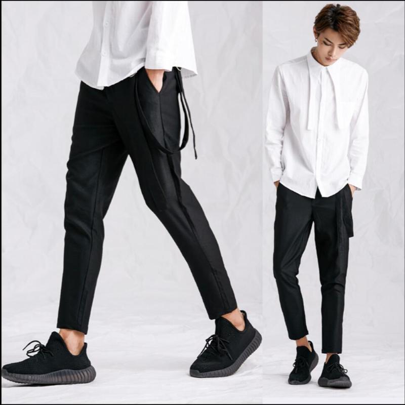 

27-44 Hot 2020 Men Non-mainstream Hairstylist Pants Personality Belt Casual Trouser Asymmetric Skirt Pants Nightclub Harem, Black