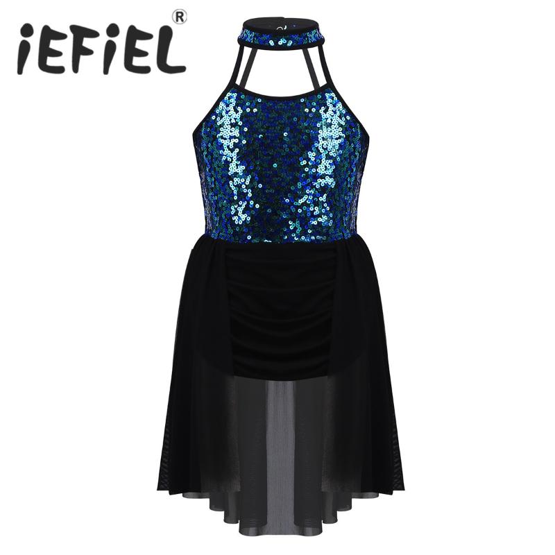 

Sequins Girls Ballet Ballerina Tulle Tutu Dress Choker Neck Leotard Dress for Lyrical Modern Contemporary Ballroom Dance Wear, Blue