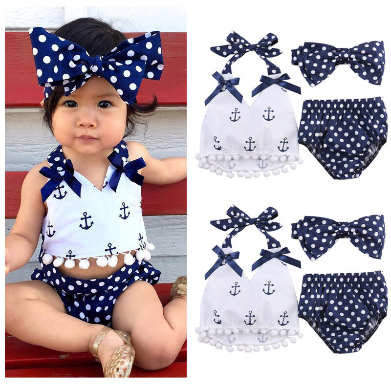 

Toddler Infant Baby Girls Clothes Anchors Tops Shirt Polka Dot Briefs Head Band 3pcs Outfits Set, As pic