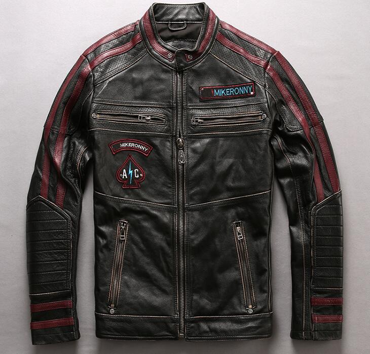 

stand collar cow genuine leather jackets retro vintage motorcycle leather jacket racing suits, Black