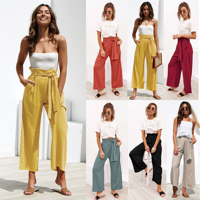 

Women Summer Wide Leg Loose Pants Ankle Length Pants Casual High Waist All-match Trouser Elastic Waist Wide Leg, Black