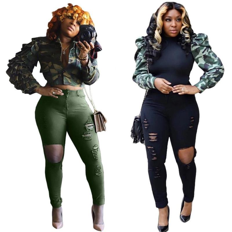 

Adogirl Holes Jeans Pants Denim Trousers, Black