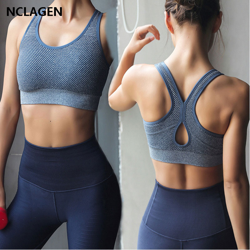 

Sports Bra Woman Fitness Workout Training Solid Yoga Tank Top Gym Running Underwear Padded High Impact Support Push Up NCLAGEN, Blue