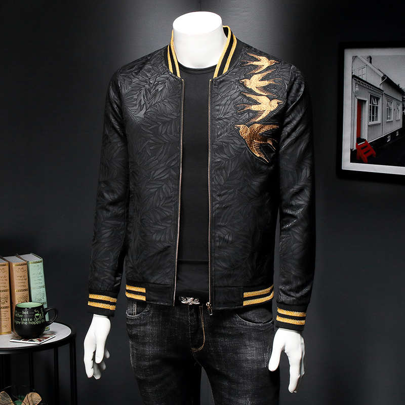 

Jaqueta Masculina Spring New Gold Embroidery Print Jacket Men Slim Fit Bomber Print Jacket Retro Club Clothing Men 5xl-M, Black