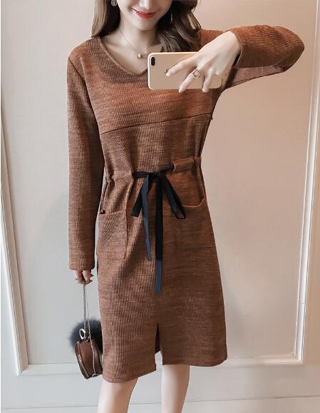 

Fashion Autumn Maternity Nursing Dress Long Sleeved Slim Ties Waist Knitted Breastfeeding Clothes for Pregnant Women Pregnancy, Caramel