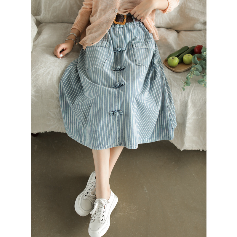 

literary striped dot cotton denim retro buckle skirt 2020 2702 96062 lpp, Polka dot