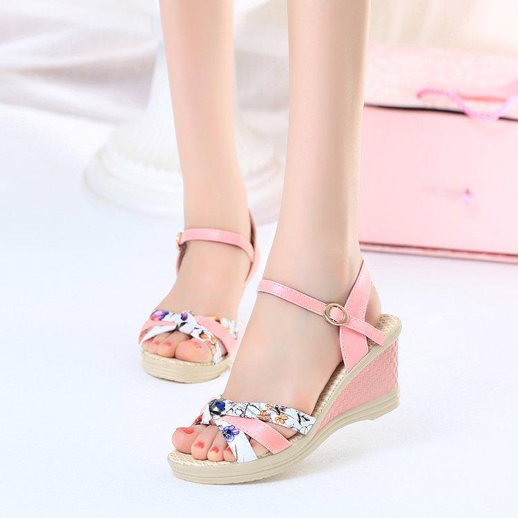 

Summer Wedges Sandals Flower Print High Heels Sandal Woman Roma Platform Sandal Peep Toe sandalias mujer Ankle Strap Sandals, Pink