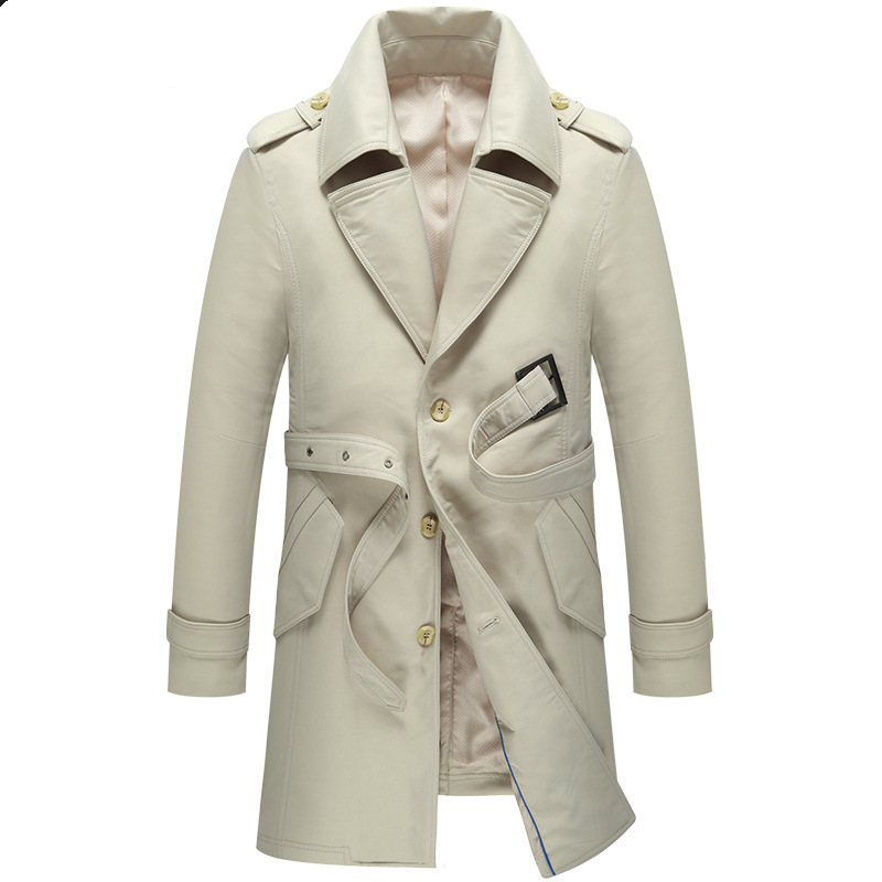 

New light luxury men's medium-length trench coat with belt and large lapel man turn-down collar trench coat size  to 4XL, Black