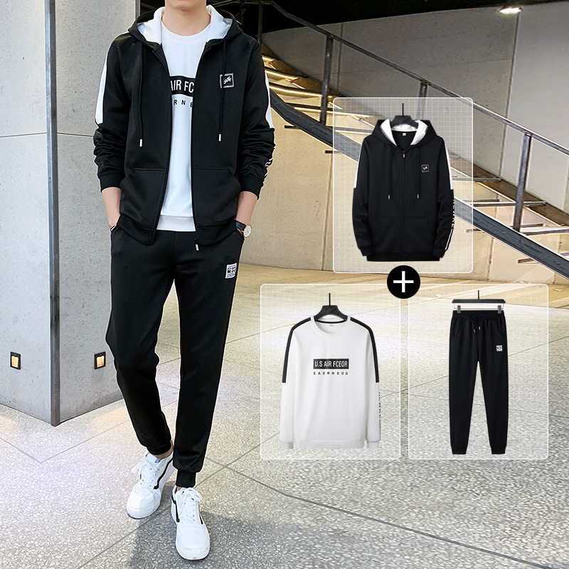 

Fall 2020 hooded sweater suit men's printed casual sportswear hedging three-piece youth Korean trend, Black