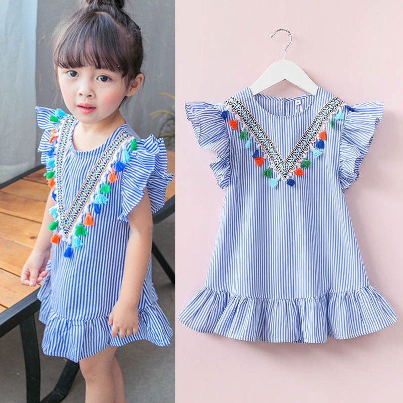 

Summer Girls Classical Stripes Princess Dress Kids Tassel Flying Sleeve Dresses Baby Cotton Stripes Dress Girls Clothing, Dx21-2