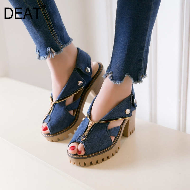 

DEAT] 2020 New Spring Summer Round Toe Hollow Out Denim Western Style High Heels Sandals For Women Shoes Fashion Tide 10I073, Light blue