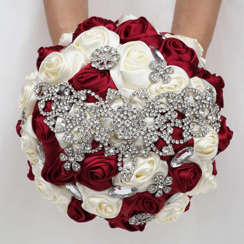 

20cm Gorgeous Wine Red Silk Flower Bouquet Bridel Bridesmaid Diamond Wedding Bouquets Artificial Pearls Crystal Bouquet Mariage, W573 winered