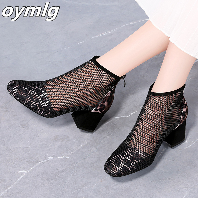 

2020 Fashion Black Summer Sandals Zipper Cross-tied High Heel Gladiator Net Surface Hollow Out Zapatos De Mujer Sandals, Leopard