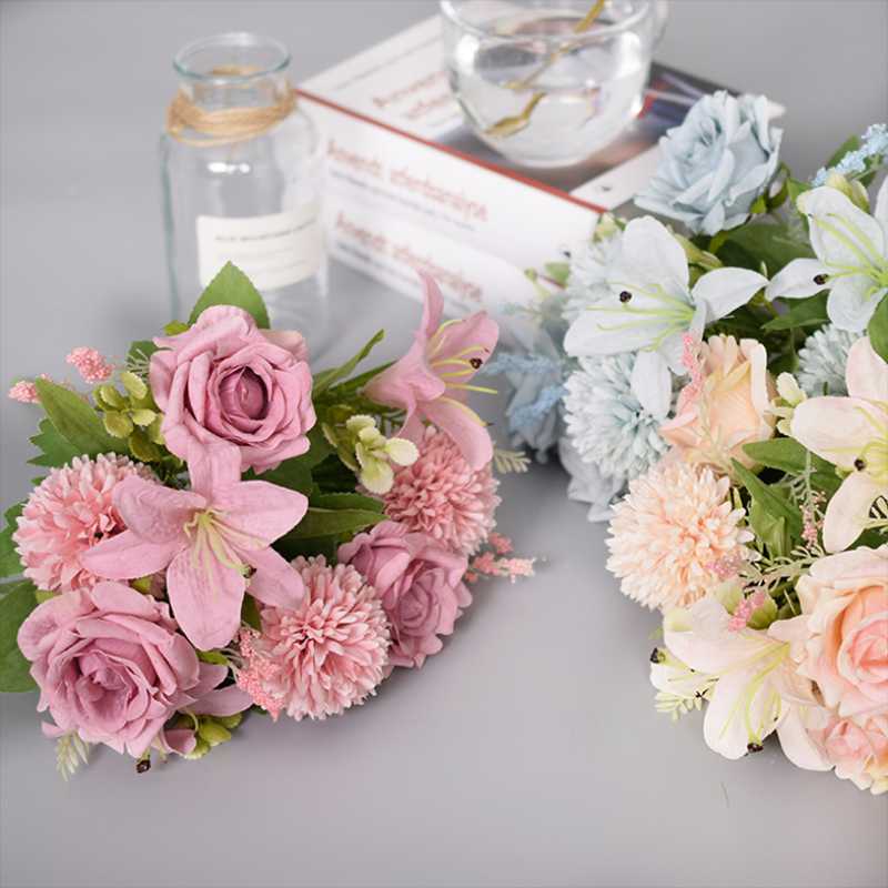 

1 Bunch Artificial Flowers Rose Lily Dandelion Bouquet Flower for Wedding Party Decoration Cute Garden Home Decor of Fake Flower, Blue