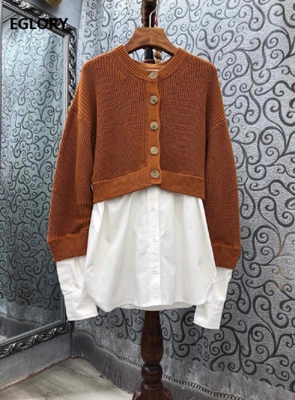 

2020 Autumn Fashion Sweaters High Quality Women Knitted Cotton Patchwork Long Sleeve Color Block Sweaters Brown Grey Dark Blue, Black