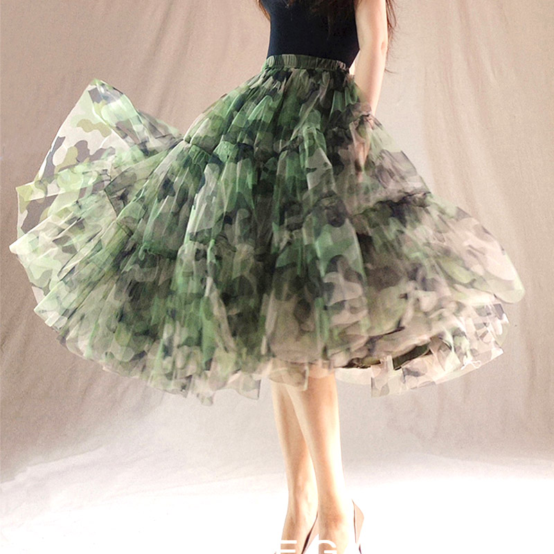 

2020 Woman Casual Retro Plus Size 5XL 6XL Female ArmyGreen Camouflage Midi Mesh Tutu Maxi Women Skirt Designs Skirts Womens, Green