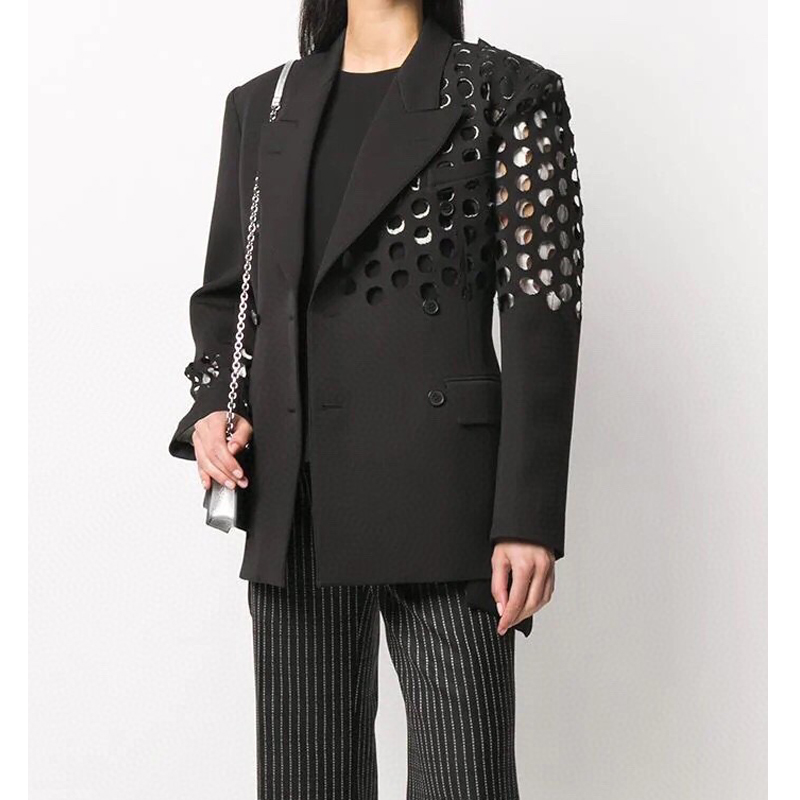 

7.16 2020 Early Autumn New Hollow Hole Design Double Breasted Chic Casual Contour Blazer, Black